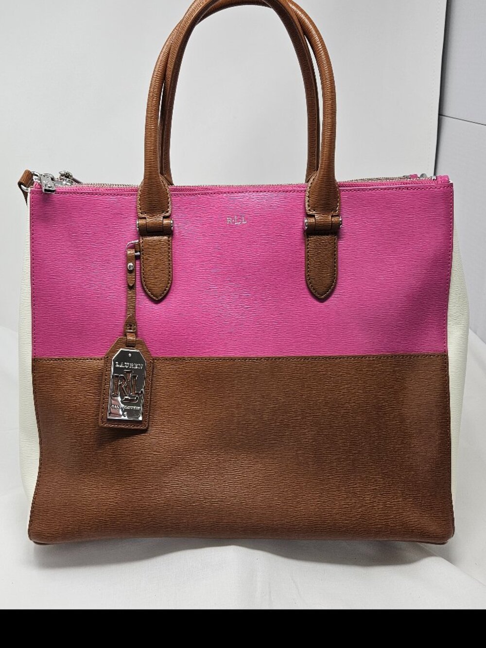 Lauren Ralph Lauren Newbury Tri-Color Leather Handbag - Brown / Vanilla / Rose